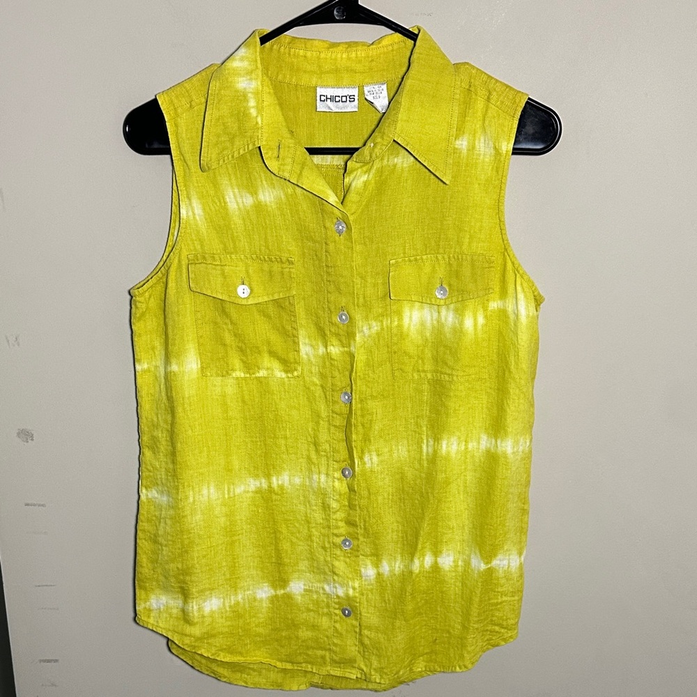Chico's Lime Green Sleeveless linen Button-Down Shirt